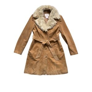 Xhilaration Brown Suede Trench Coat with Faux Fur Collar L